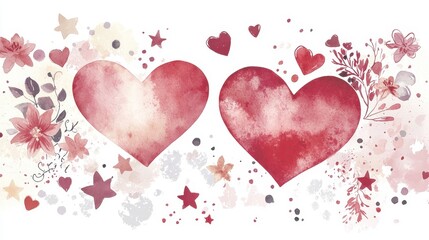 Two large red heart shapes are surrounded by delicate flowers, stars, and soft pastel splashes. This vibrant artwork captures the essence of love and affection, suitable for romantic occasions