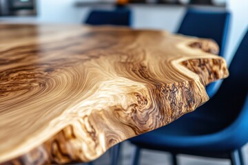 Close-up of a wooden table top, featuring a unique, natural wood grain pattern.  The edge of the slab table is highlighted, showcasing the beautiful, flowing wood