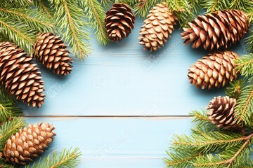 Christmas frame of pine cones and branches on light blue wood