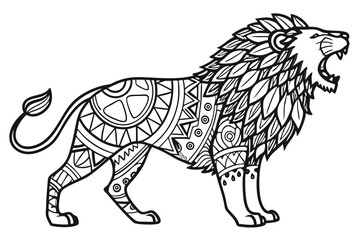 74 Intricate lion illustration, zentangle style, black and white, detailed patterns, ornate design, geometric shapes, line art, tribal motifs, majestic pose, roaring lion, animal art, abstract wildlif