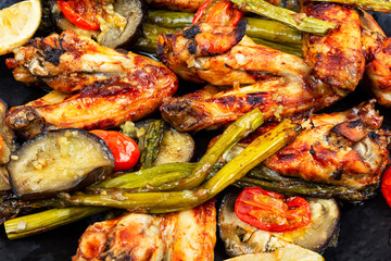 Chicken wings, barbeque, food background.