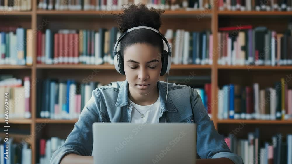 Poster young woman uses laptop in a library. she has headphones. bookshelves surround her. she seems focuse