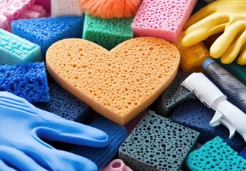 Colorful cleaning supplies, sponges, and gloves arranged in a heart shape