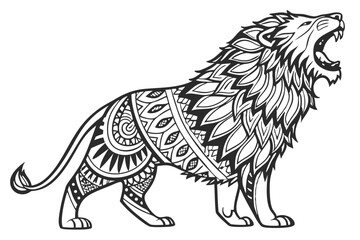 Obraz premium 74 Intricate lion illustration, zentangle style, black and white, detailed patterns, ornate design, geometric shapes, line art, tribal motifs, majestic pose, roaring lion, animal art, abstract wildlif