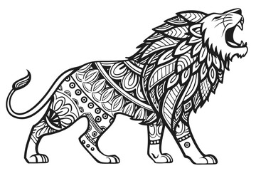 74 Intricate lion illustration, zentangle style, black and white, detailed patterns, ornate design, geometric shapes, line art, tribal motifs, majestic pose, roaring lion, animal art, abstract wildlif