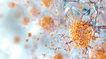 Vibrant depiction of senescent cells, showcasing their intricate structure and cytokines they release. scene is filled with orange and yellow hues, creating dynamic visual