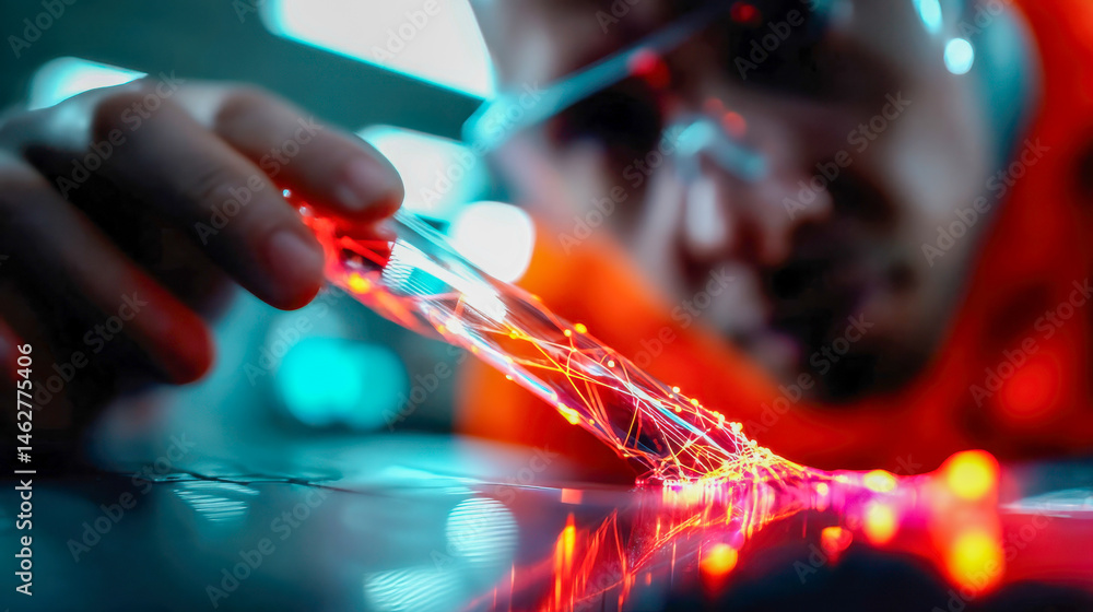 Poster scientist analyzing high-tech data through glowing red interface projected on a transparent test tub