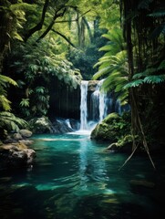 Lush tropical waterfall in rainforest surrounded by ferns and palm trees