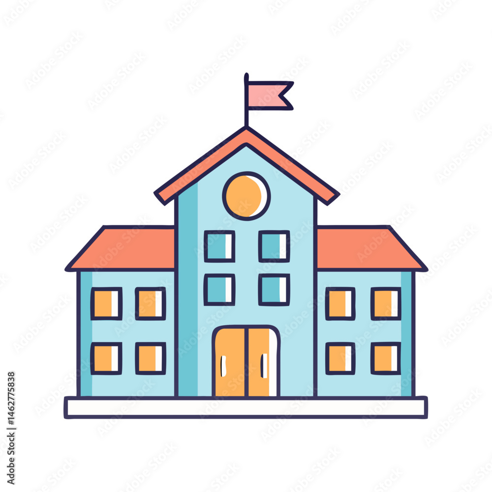 Poster illustration of school building with flag and windows for education and learning resources vector