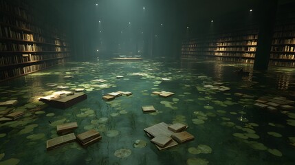 Submerged Library Book Lily Pads Literary Deluge Floating Worlds Aquatic Archive Knowledge Adrift Watery Wisdom Sanctuary Lost Pages
