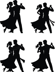 Set of Salsa Dancing Couple Silhouette – Side View Vector with Flowing Dress on White Background