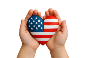 Child Hands Holding Heart Painted with United States Flag – Symbol of Patriotism, Freedom, Support, and National Pride – Isolated on Transparent Background PNG