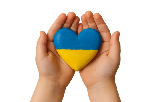 Child Hands Holding Heart Painted with Ukraine Flag – Symbol of Peace, Patriotism, Support and Unity – Isolated on Transparent Background PNG
