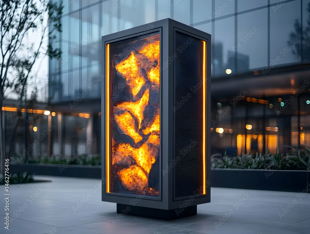Poster an illuminated outdoor display showcasing abstract fiery patterns. potential use is digital art publ