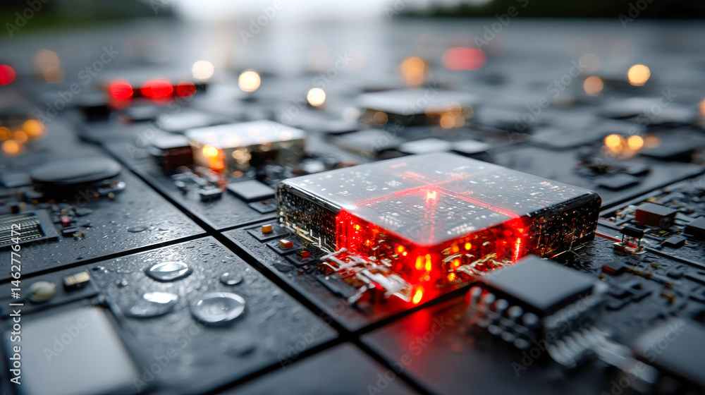 Poster close-up of a futuristic electronic circuit board with glowing red elements and integrated solar pan