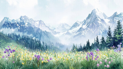 Fototapeta premium A vibrant valley filled with diverse wildflowers leads the eye to towering mountains under a clear sky, creating a serene natural landscape