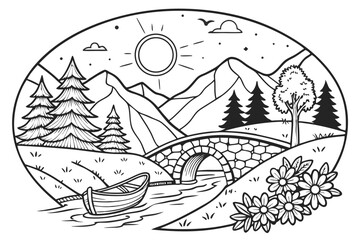 75 Intricate black and white illustration, serene landscape, mountain valley, flowing river, stone bridge, small boat, lush forest, pine trees, wildflowers, blooming tree, starry night sky, flying bir