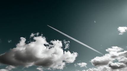 Sleek contrail stretches across sky, dividing serene canvas of clouds and blue. scene evokes sense of tranquility and wonder, inviting viewers to reflect on vastness above