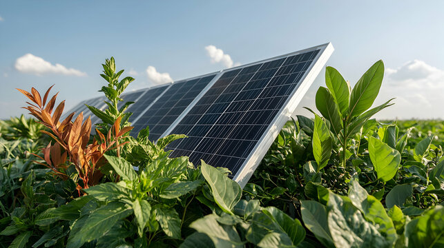 Solar panels nestled among vibrant green plants under a clear sky symbolize sustainable agriculture and renewable energy integration Ideal for environmental reports and green technology promotions