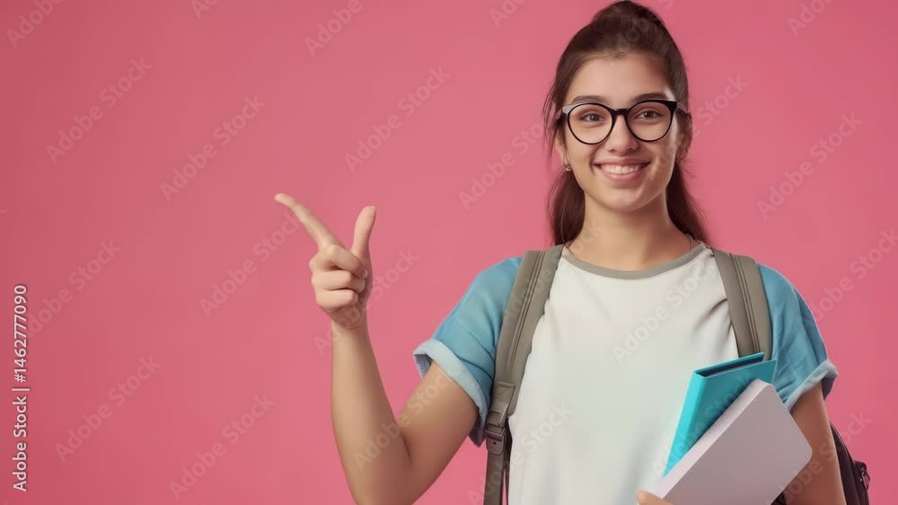 Poster a smiling student wearing glasses, a backpack and holding books points to the left side of the frame