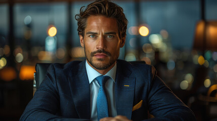 Fototapeta premium A handsome and confident businessman in an elegant indigo blue suit with his hands on the desk, sitting in a modern office workspace and looking at the camera.