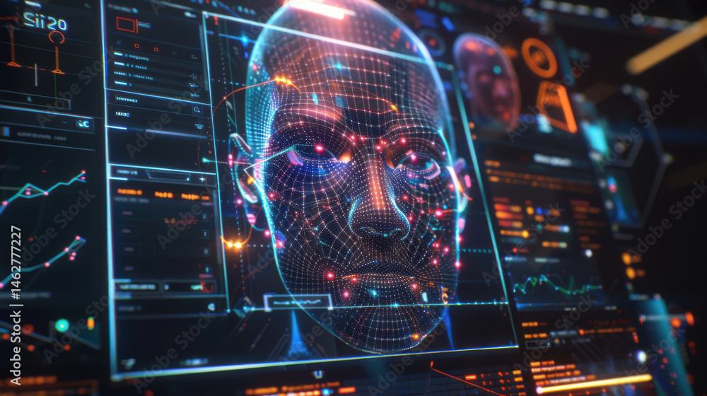Poster futuristic digital face in ai technology interface with data analysis and holographic display