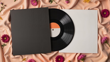 Obraz premium Vinyl Record Surrounded by Flowers on Soft Fabric Background 