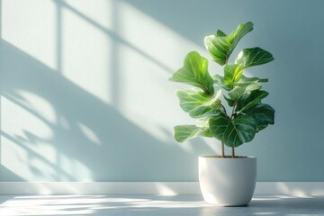 A fiddle leaf fig plant in a white pot basks in sunlight against a light teal wall.