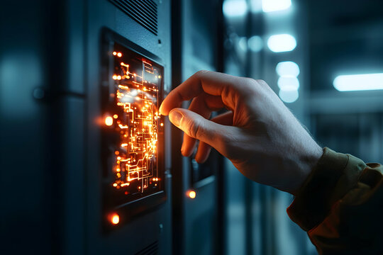 A human hand touches a vibrant illuminated digital interface in a futuristic server room. Perfect for concepts of advanced computing data management AI development.