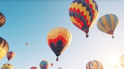 Obraz premium Colorful hot air balloons in the sky during a summer festival, clear weather, joyful tone 