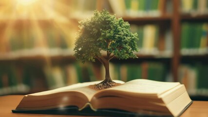 A tree appears to be growing out of an open book. The background shows shelves filled with books, suggesting a library or study environment. Sun rays bring a hopeful, warm light.