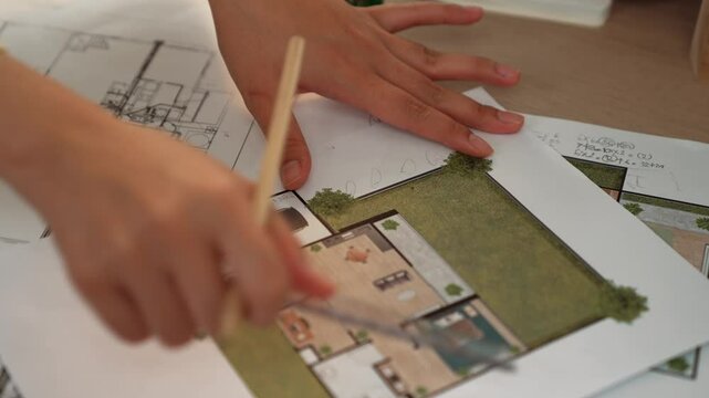 Professional engineer pointing focusing house design holding architectural equipment on meeting table with building blueprint scatter around at modern office. Focus on hand. Closeup. Delineation.