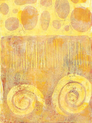 Yellow and orange texture with circular patterns, printed using the Gelli printing process.