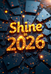 text="Shine On in 2026" on a dramatic, shattered crystal background with shimmering sparks and intricate fractal patterns. Faux-golden metallic, bold, 144 pt, centered with tight kerning, bold black o