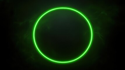 Luminous, vibrant green circle neon glow on dark background with ethereal smoke