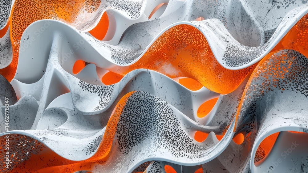 Poster fluid waves create a dynamic pattern, harmonizing textured white surfaces with striking orange highl