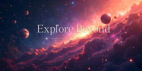 text="Explore Beyond" on a stunning nebula cosmos background with countless twinkling stars, distant planetary systems, and wispy tendrils of gas. High-tech sans-serif font, 96 pt, centered with tight