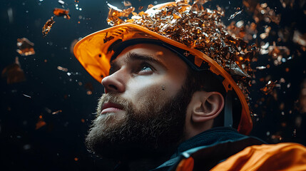 A bearded man in an orange hard hat looks up as autumn leaves or debris shower around him suggesting outdoor work or a contemplative moment. Ideal for themes of nature resilience labor or seasonal tra