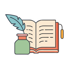 Illustration of book with quill and inkwell for writing reading knowledge education literature story concept