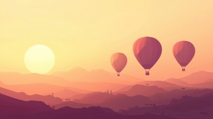 Fototapeta premium Hot air balloons float gracefully in the sky during a stunning sunrise, casting gentle shadows over the tranquil rolling hills and serene landscape