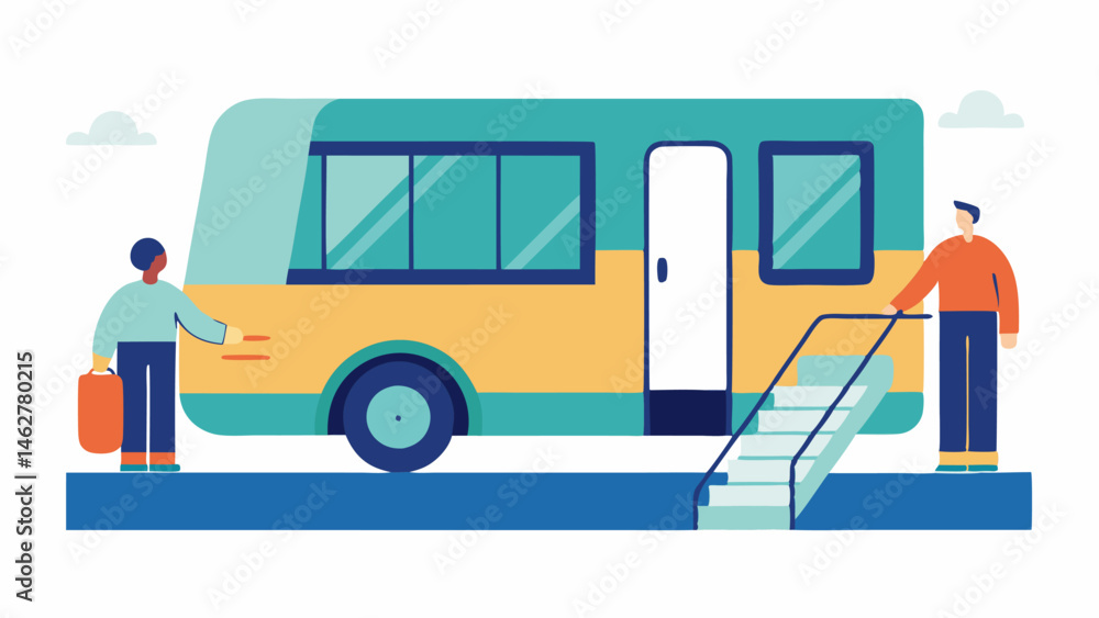 Poster rampequipped bus a side view of a city bus with a foldable ramp extending to the ground while a pers