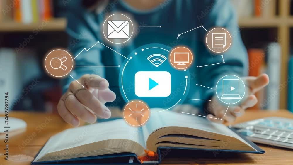 Poster The image shows the synthesis of traditional learning and modern technology, represented by a person interacting with digital icons above an open book, showcasing learning transformation.