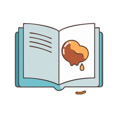 Open book illustration with stain, recipe book, cooking book, stained page, spilled liquid, art