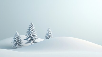 A tranquil winter landscape features several pine trees blanketed in snow, set against a soft, smooth expanse of white hills under a pale sky at dawn