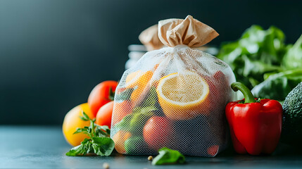 Fresh vibrant produce in a reusable mesh bag promoting eco-friendly shopping this image is perfect for health food blogs grocery store ads or sustainability campaigns