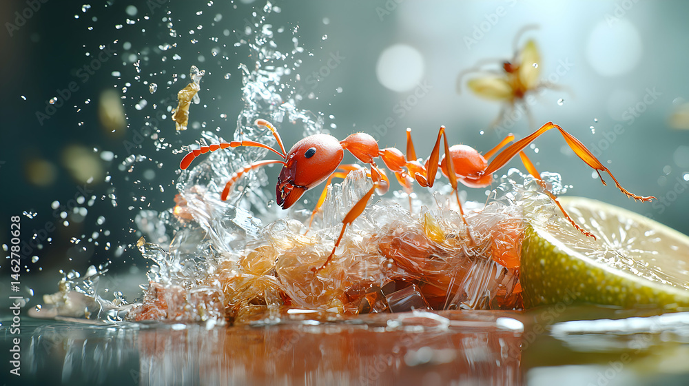 Aufkleber a macro shot features an ant amidst water droplets and a citrus slice. use this image to create educ