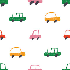 Seamless pattern featuring colorful toy cars on a white background, creating a playful and vibrant design suitable for children s products, fabrics, and decorative projects