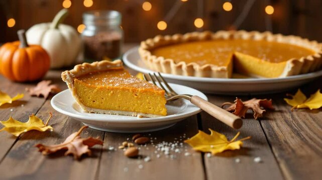 Thanksgiving pumpkin pie slice on rustic wooden table. Thanksgiving dessert features spiced pumpkin pie with flaky crust. Sweet Thanksgiving pie perfect for holiday celebrations and family gatherings.