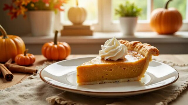 Delicious pumpkin pie slice with whipped cream on white plate. Thanksgiving pumpkin pie features flaky crust and sweet filling. Festive Thanksgiving dessert perfect for holiday gatherings and family c