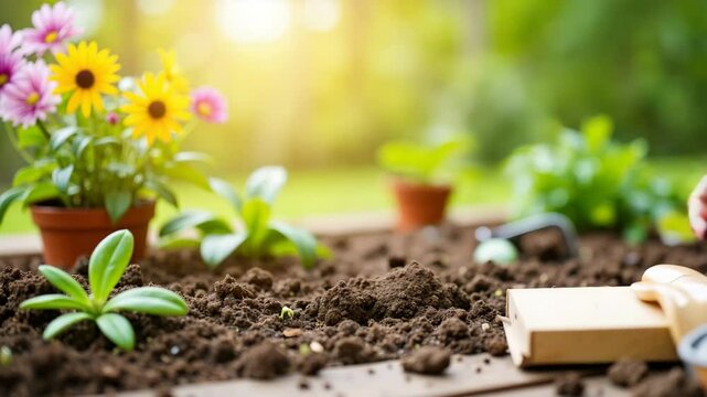 Gardening hobby with colorful flowers in pots and rich soil. Spring gardening includes planting flowers and herbs in small terracotta pots. Relaxing gardening scene perfect for blogs and websites.
